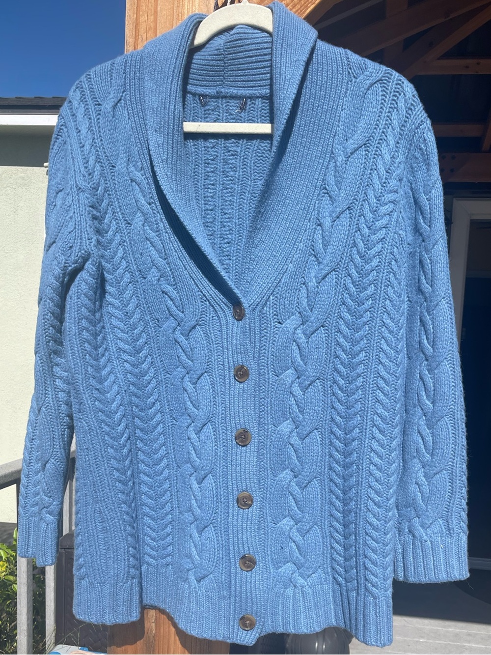 Light Blue Cable Knit Shawl Collar Button-Front Sweater wool blend Boho beach
🏖️